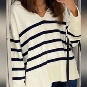 Zara Women's Polo Collar Black Cream Striped V-Neckline Sweater